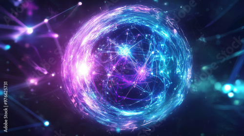 Blue-purple energy sphere with luminous particles, depicting an atom with orbiting electrons and an electric field. Represents a scientific, futuristic, and high-tech abstract background.