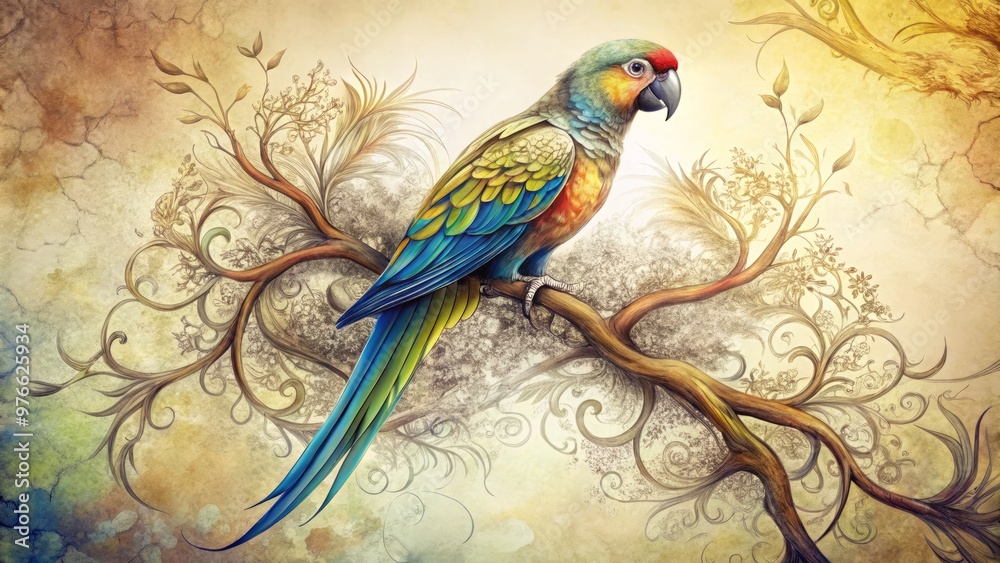 Obraz premium * Delicate wings spread, vibrant plumage shines, this parrot perks upon a limb, its whimsical figure framed by