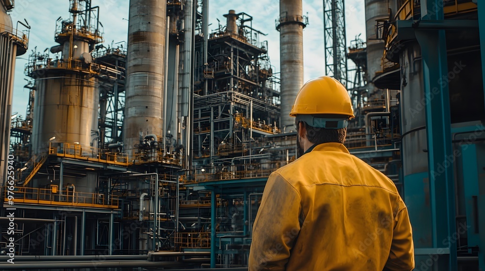 A man in a yellow and blue vest stands in front of a large industrial building. He is wearing a hard hat and safety glasses A man in a yellow and blue vest stands in front of a large industrial building. He is wearing a hard hat and safety glasses
