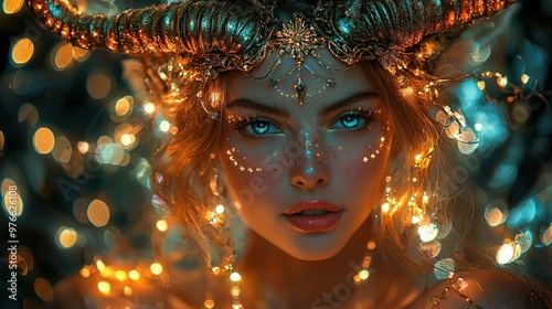 A radiant woman with ornate, glowing horns and a cascade of sparkling lights draped over her shoulders. The festive lights twinkle against her vibrant attire, adding a touch of enchantment to the