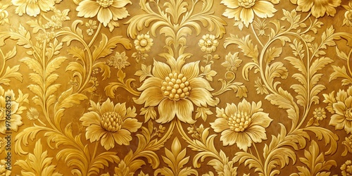 Elegant design featuring golden silk wallpaper adorned with intricate floral patterns and delicate textures, evoking