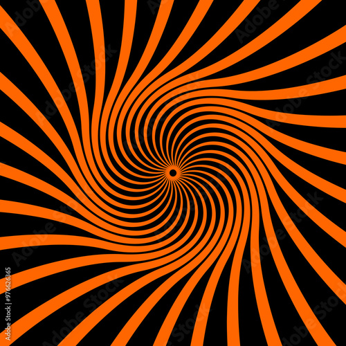 Psychedelic Halloween hypnotic pattern with spiral swirls, vector background. Halloween holiday hypnotic tunnel with spiral circles and spooky twirls of orange black psychedelic pattern background
