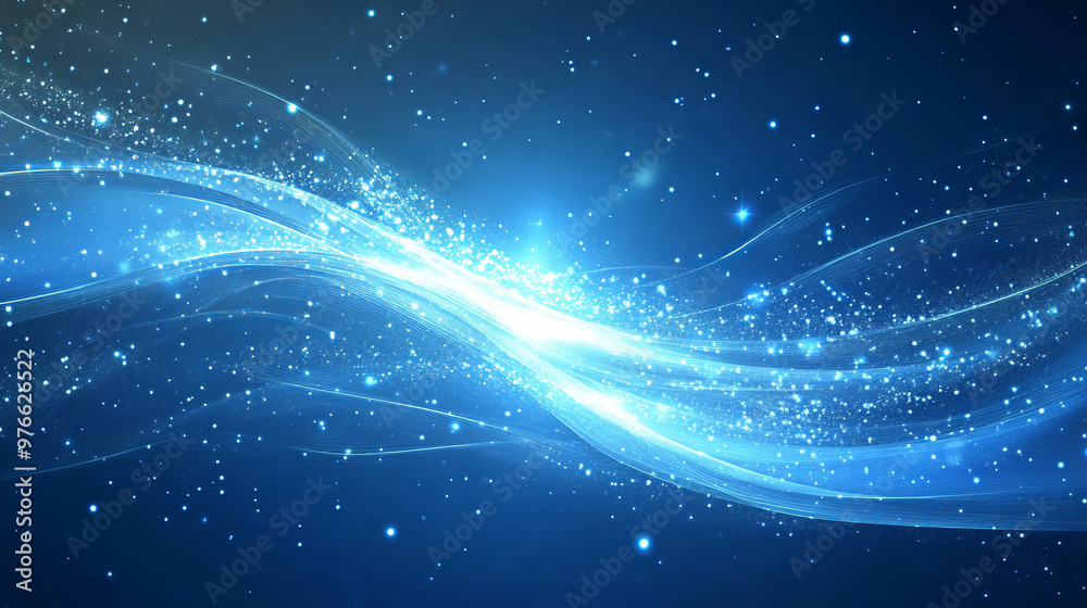 Abstract blue transparent energy lines and cosmic rays, shining with magical highlights and dots. Light beams radiate upwards from the waves on a blue background, creating a glowing, mystical effect. Abstract blue transparent energy lines and cosmic rays, shining with magical highlights and dots. Light beams radiate upwards from the waves on a blue background, creating a glowing, mystical effect.