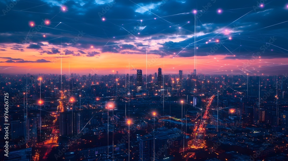 A city skyline with many buildings and a network of lines connecting them. Concept of connectivity and interdependence between the various elements of the city A city skyline with many buildings and a network of lines connecting them. Concept of connectivity and interdependence between the various elements of the city