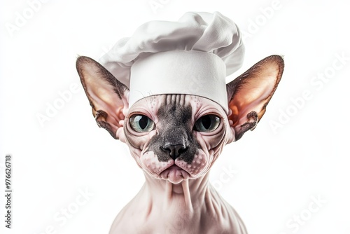 A Sphynx cat wearing a chef's hat, ready to cook up a storm in the kitchen. This adorable feline is the epitome of culinary creativity. photo