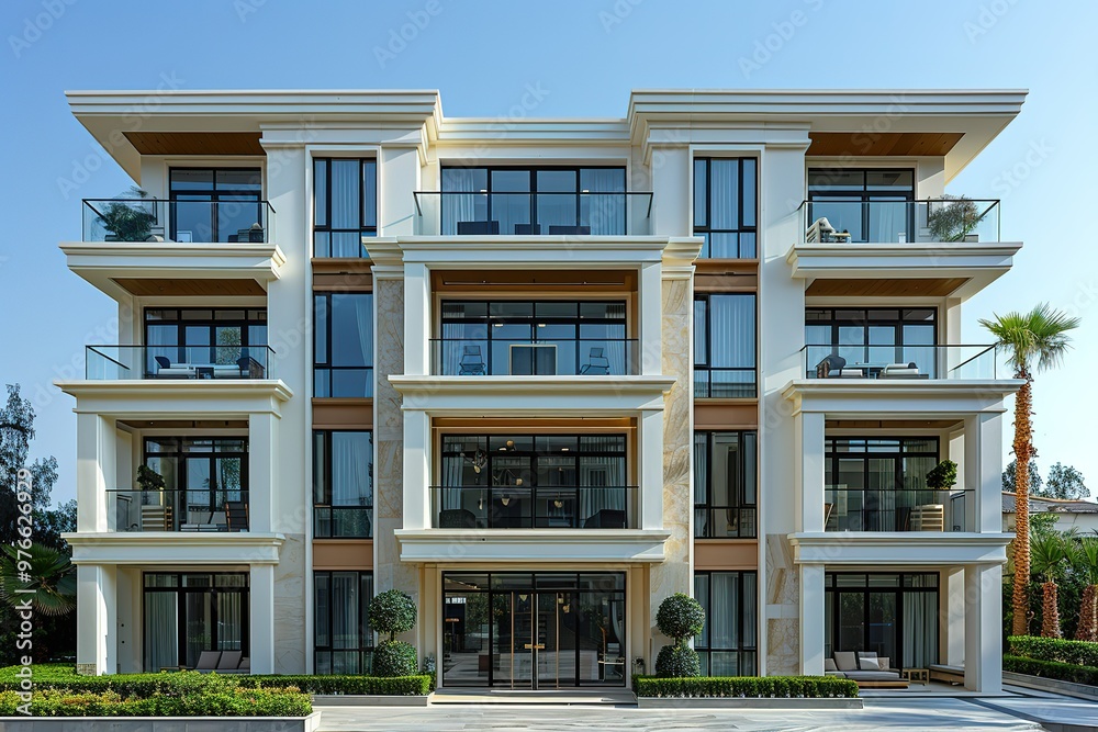 A large white building with a lot of windows and a balcony A large white building with a lot of windows and a balcony