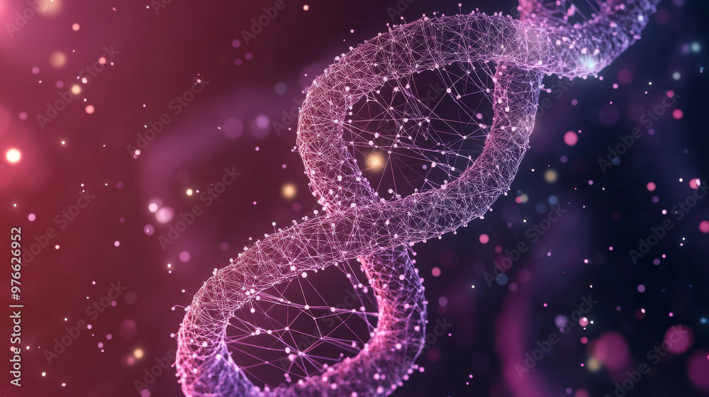 Low poly wireframe illustration of a brain and DNA spiral. Purple polygonal neuron connections forming a mesh structure. Features a 3D double helix molecule with interconnected dots. Low poly wireframe illustration of a brain and DNA spiral. Purple polygonal neuron connections forming a mesh structure. Features a 3D double helix molecule with interconnected dots.