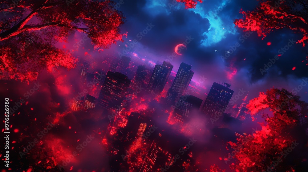 Fototapeta premium A stunning cityscape illuminated by a vibrant red glow, as if a crimson sunset bleeds over the skyscrapers. The sky is a canvas of swirling clouds, with a crescent moon hanging in the distance. The co