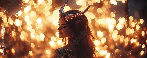 A festive scene featuring a woman with elegantly adorned horns and a dazzling display of sparkling lights. Her radiant smile and glowing outfit contribute to the joyful and celebratory ambiance of photo