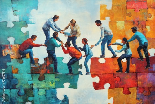 Diverse group of people working together to assemble a colorful jigsaw puzzle