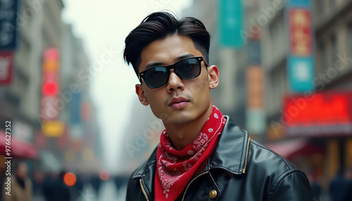 Close-up of stylish Asian man with sunglasses and red bandana in bustling city street, embodying urban fashion