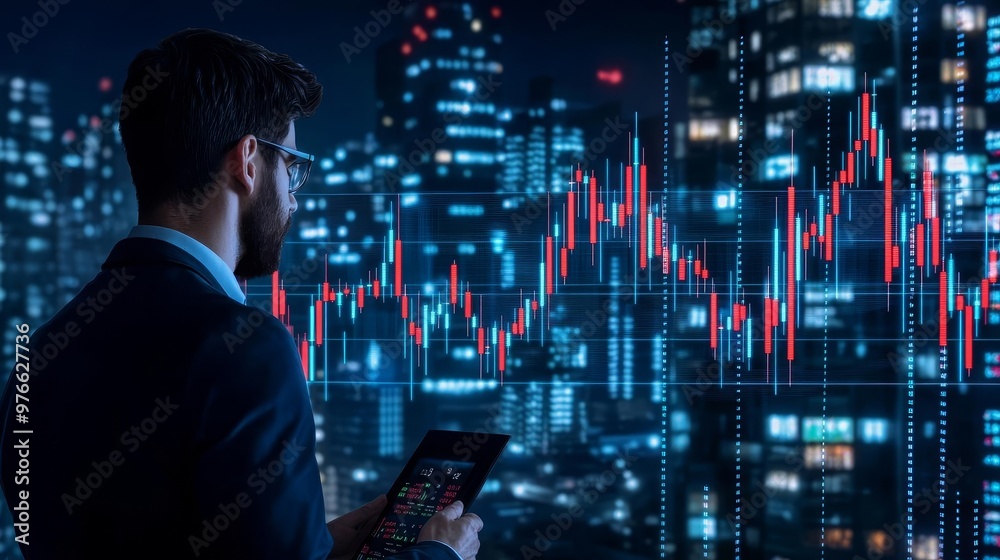 Economic inflation effect on investment portfolios depicted with declining graphs and a worried investor diverse professionals in a high-rise office Economic inflation effect on investment portfolios depicted with declining graphs and a worried investor diverse professionals in a high-rise office