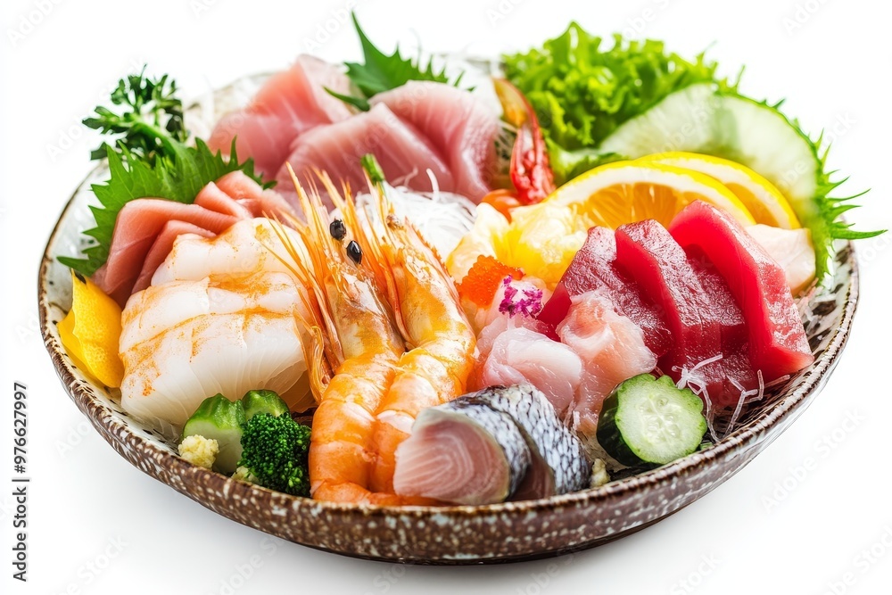 A vibrant platter featuring fresh sashimi of various fish, succulent shrimp, and garnishes like cucumber, lemon, and greens, perfect for a seafood lover's delight. A vibrant platter featuring fresh sashimi of various fish, succulent shrimp, and garnishes like cucumber, lemon, and greens, perfect for a seafood lover's delight.