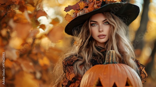 A lively witch in a playful pose, holding a large pumpkin against a backdrop of golden autumn leaves. Her attire is rich with fall colors and patterns, enhancing the warm, cheerful atmosphere of the