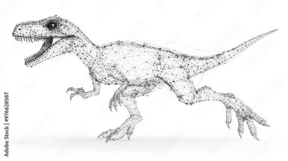 Abstract 3D velociraptor with its mouth open, isolated on a white backdrop. Hand-drawn small, agile dinosaur with claws, composed of connected points. Vector illustration in a low-poly wireframe style Abstract 3D velociraptor with its mouth open, isolated on a white backdrop. Hand-drawn small, agile dinosaur with claws, composed of connected points. Vector illustration in a low-poly wireframe style