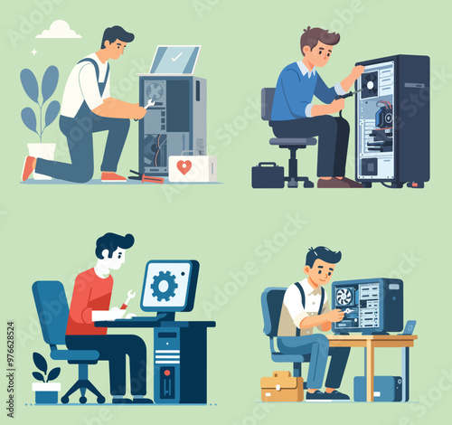 set person technician repair computer flat design vector