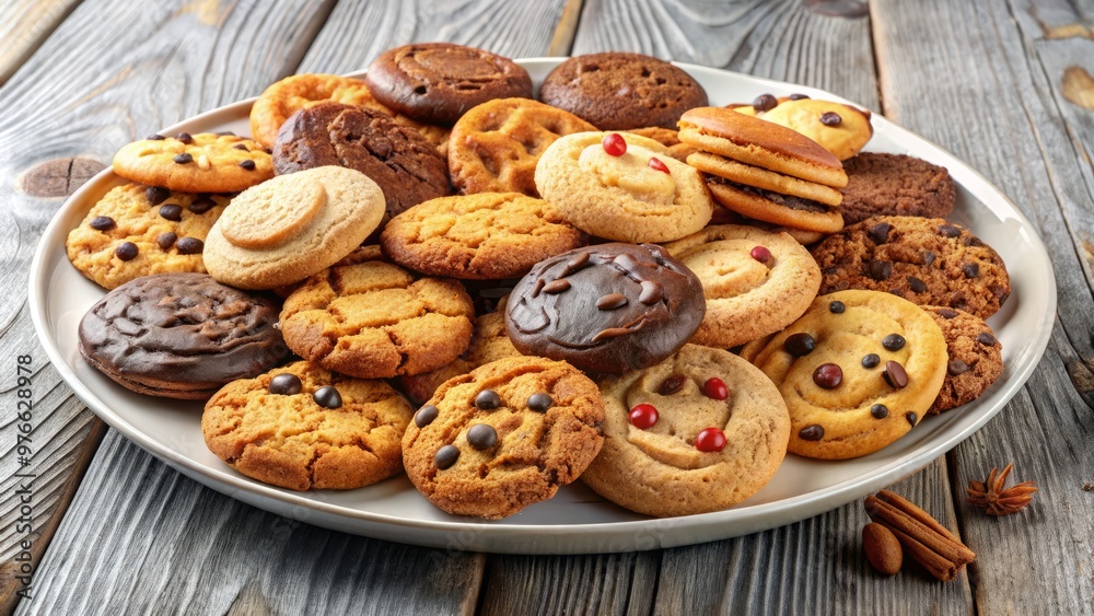 Freshly baked cookies adorn a white ceramic plate in a colorful assortment. Freshly baked cookies adorn a white ceramic plate in a colorful assortment.