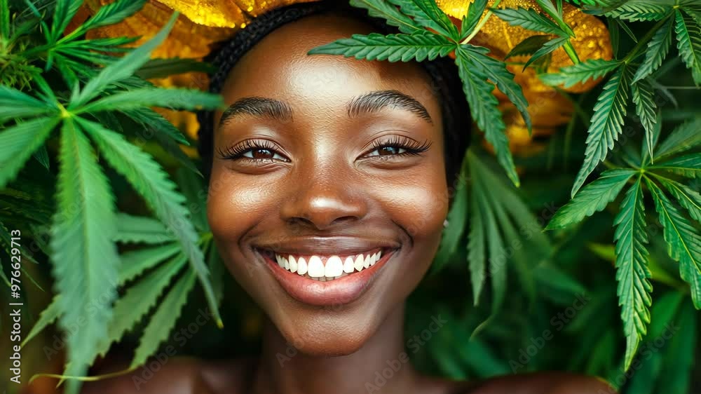 Smiling woman surrounded by vibrant green leaves in a natural, sunny environment Smiling woman surrounded by vibrant green leaves in a natural, sunny environment
