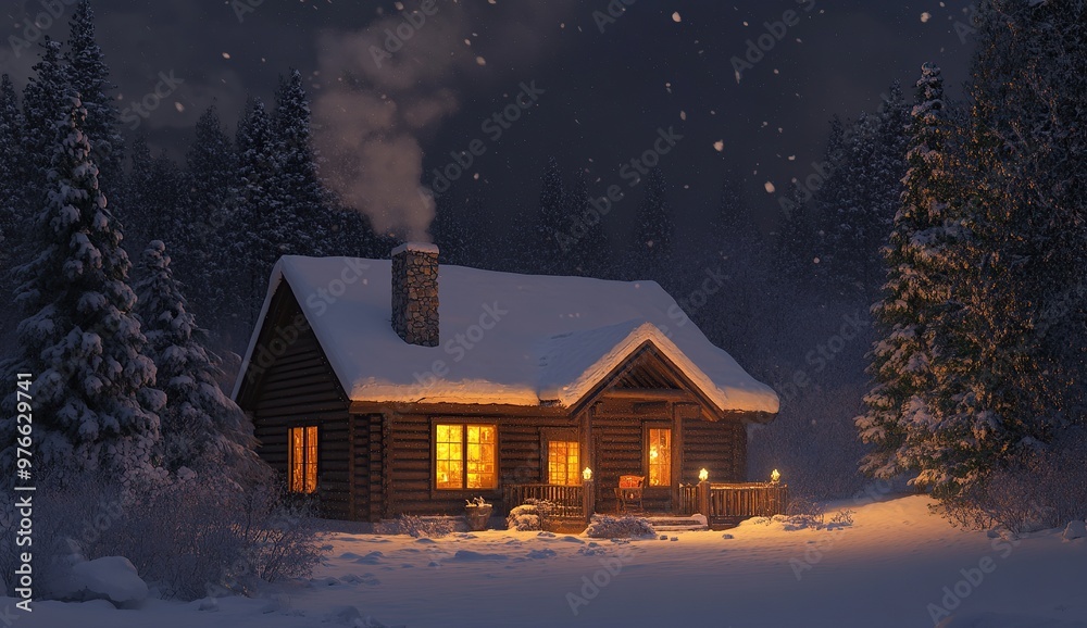 A cozy cabin in the snow at night time, with smoke coming from the chimney. A forest of pine trees behind it A cozy cabin in the snow at night time, with smoke coming from the chimney. A forest of pine trees behind it