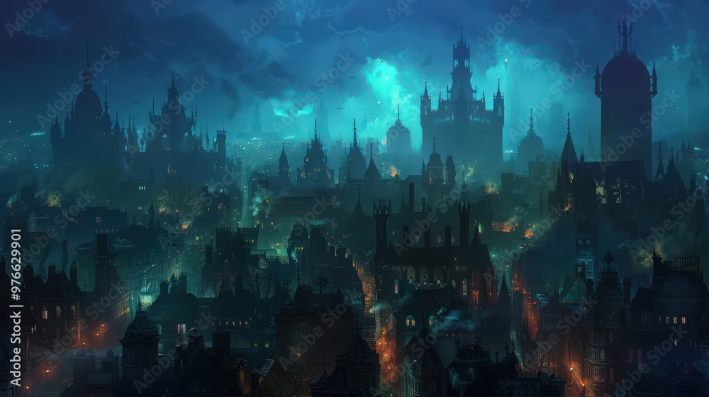 Obraz premium Creepy city panorama with spectral lights and ominous shadows cast by haunted structures under a midnight blue sky. Full ultra HD, high resolution --ar 16:9 --no noise --v 6.0 - Image #4 @hamza
