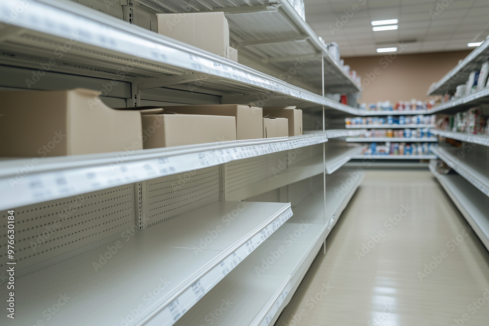Naklejka premium Empty shelves in a store with a few boxes on the top shelf