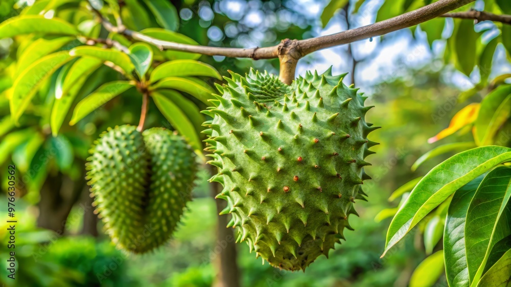 Guanabana soursop leaves unfurl, a lush umbrella shading the succulent green fruit that bursts forth with spines and Guanabana soursop leaves unfurl, a lush umbrella shading the succulent green fruit that bursts forth with spines and