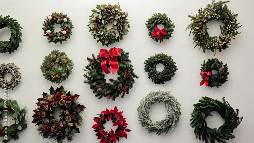 Beautifully crafted holiday wreaths displayed on a wall showcasing various decorations and natural elements for festive inspiration Beautifully crafted holiday wreaths displayed on a wall showcasing various decorations and natural elements for festive inspiration