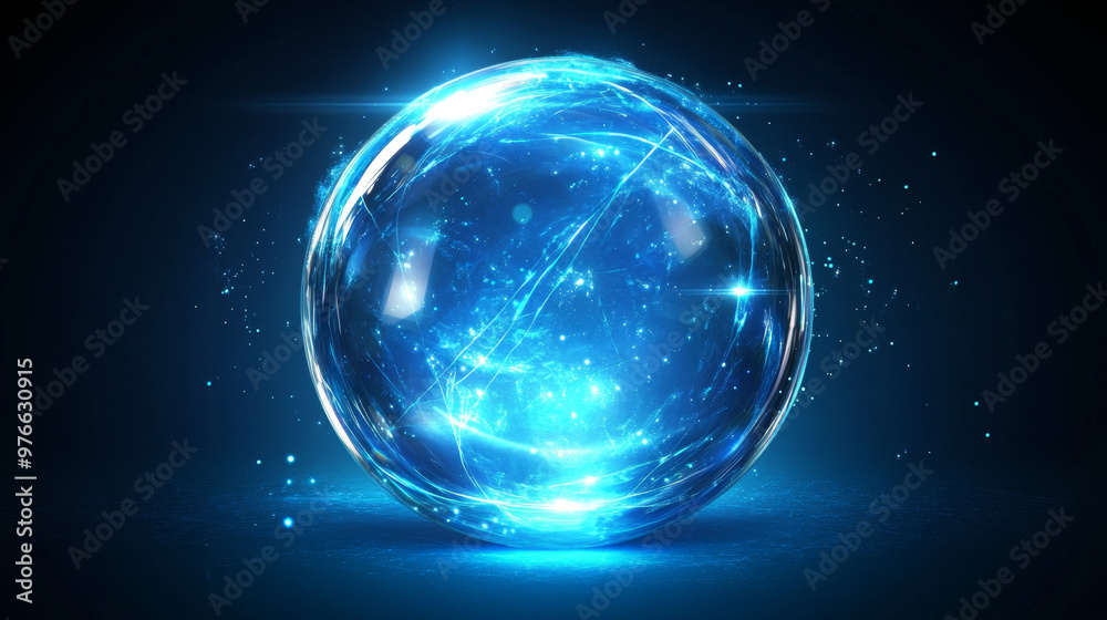 Abstract blue energy sphere, transparent and brightly glowing, set against a magical abstract background. Abstract blue energy sphere, transparent and brightly glowing, set against a magical abstract background.