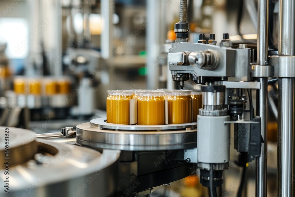 Automated Packaging Machine in a Modern Factory - High-speed, industrial packaging line with cans of product being processed and sealed. Automated Packaging Machine in a Modern Factory - High-speed, industrial packaging line with cans of product being processed and sealed.