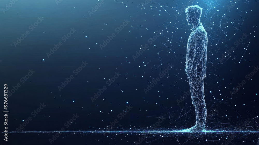 A vector illustration of a male figure measuring height, rendered in a low poly wireframe style. This image features a polygonal representation of a person against a backdrop that resembles a starry A vector illustration of a male figure measuring height, rendered in a low poly wireframe style. This image features a polygonal representation of a person against a backdrop that resembles a starry