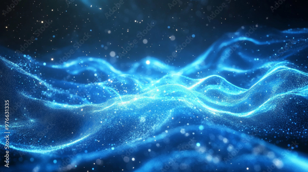 Abstract blue wave lines made of particles and dots with a glowing magic effect and blurred bokeh background. Abstract blue wave lines made of particles and dots with a glowing magic effect and blurred bokeh background.