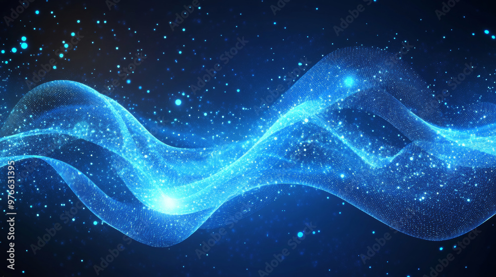Abstract blue wave lines made of particles and dots with a glowing magic effect and blurred bokeh background. Abstract blue wave lines made of particles and dots with a glowing magic effect and blurred bokeh background.