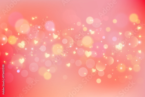 Cute lovely background with hearts and bokeh. Pastel pink gradation bg with dreamy stars and glitter. Romantic vector backdrop for Valentine Day design. Red and orange soft gradient wallpaper.