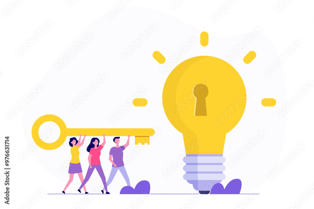 Unlock idea potential, turnkey solution complete concept. Business Team putting key into light bulb. Vector illustration. Unlock idea potential, turnkey solution complete concept. Business Team putting key into light bulb. Vector illustration.
