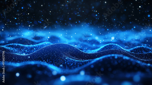 Abstract blue wave lines made of particles and dots with a glowing magic effect and blurred bokeh background.