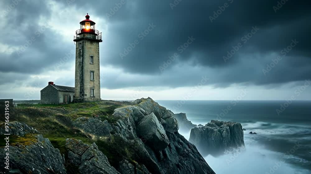 Stormy lighthouse overlooking rocky coastline at dusk captures nature's raw beauty and tranquility Stormy lighthouse overlooking rocky coastline at dusk captures nature's raw beauty and tranquility
