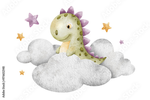 Green baby dinosaur sitting on clouds, stars. Isolated hand drawn Watercolor illustration. Tyrannosaurus rex dinos for design children's room, kid's goods, posters, baby shower cards photo