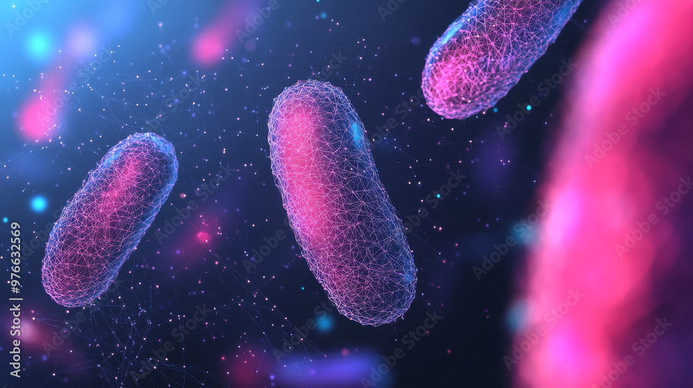 A banner template featuring a low poly wireframe design focused on microbiology. The futuristic science theme is highlighted by a polygonal depiction of bacteria and microscopic germs. This 3D mesh.