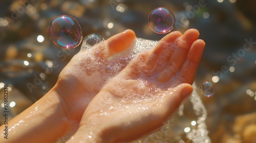 Hands rubbing wrists, circular motion captured, soap bubbles trailing along forearms photo