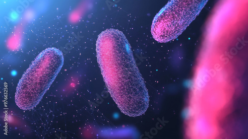 A banner template featuring a low poly wireframe design focused on microbiology. The futuristic science theme is highlighted by a polygonal depiction of bacteria and microscopic germs. This 3D mesh.