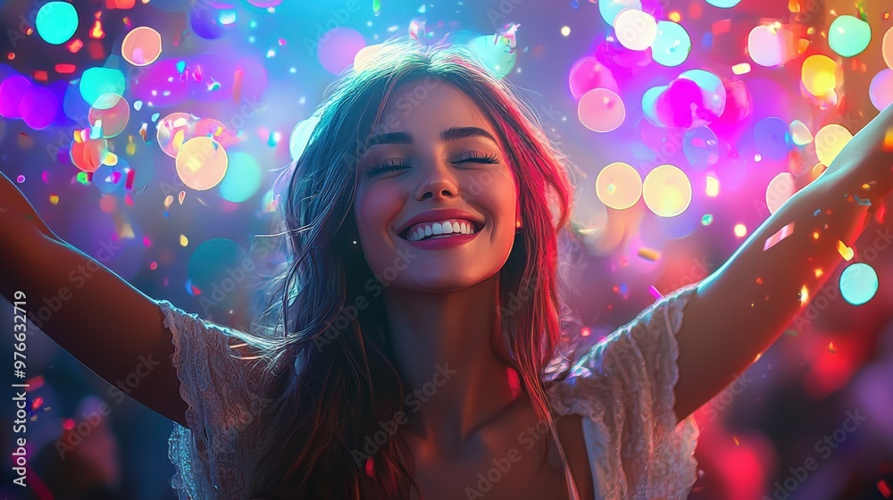 A cheerful woman celebrating at a dynamic party, her joyful expression and lively movements captured amidst a backdrop of vibrant colors and dazzling lights. The festive atmosphere radiates with A cheerful woman celebrating at a dynamic party, her joyful expression and lively movements captured amidst a backdrop of vibrant colors and dazzling lights. The festive atmosphere radiates with