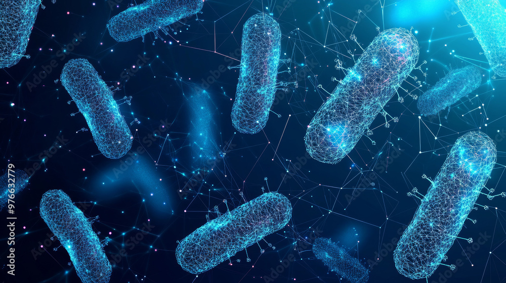 A banner template featuring a low poly wireframe design focused on microbiology. The futuristic science theme is highlighted by a polygonal depiction of bacteria and microscopic germs. This 3D mesh. A banner template featuring a low poly wireframe design focused on microbiology. The futuristic science theme is highlighted by a polygonal depiction of bacteria and microscopic germs. This 3D mesh.