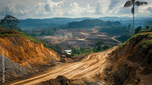 Massive mining operations cause deforestation, altering landscapes and ecosystems, with deep quarries and polluted rivers showcasing environmental degradation