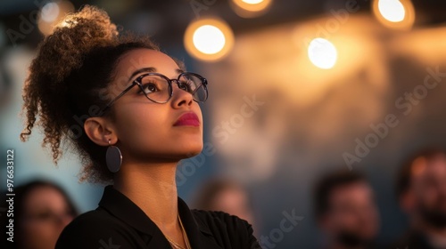 Focused young female innovator shares her bold business proposal at a startup conference, illuminated by dynamic lights as captivated investors listen intently, ready to support the next big idea