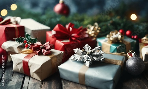 New Year banner with Christmas gift boxes with copy space background, new year and christmas concept