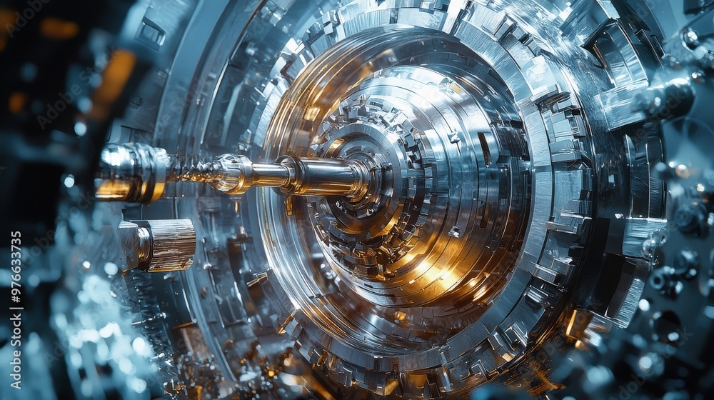 A CNC machining process focusing on a metallic sphere held firmly in place as cutting tools meticulously shape its surface. The detailed view reveals the high level of precision and the complex A CNC machining process focusing on a metallic sphere held firmly in place as cutting tools meticulously shape its surface. The detailed view reveals the high level of precision and the complex
