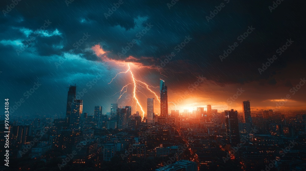 Bright lightning strikes over a city skyline during a violent storm, illuminating the buildings with electric energy Bright lightning strikes over a city skyline during a violent storm, illuminating the buildings with electric energy