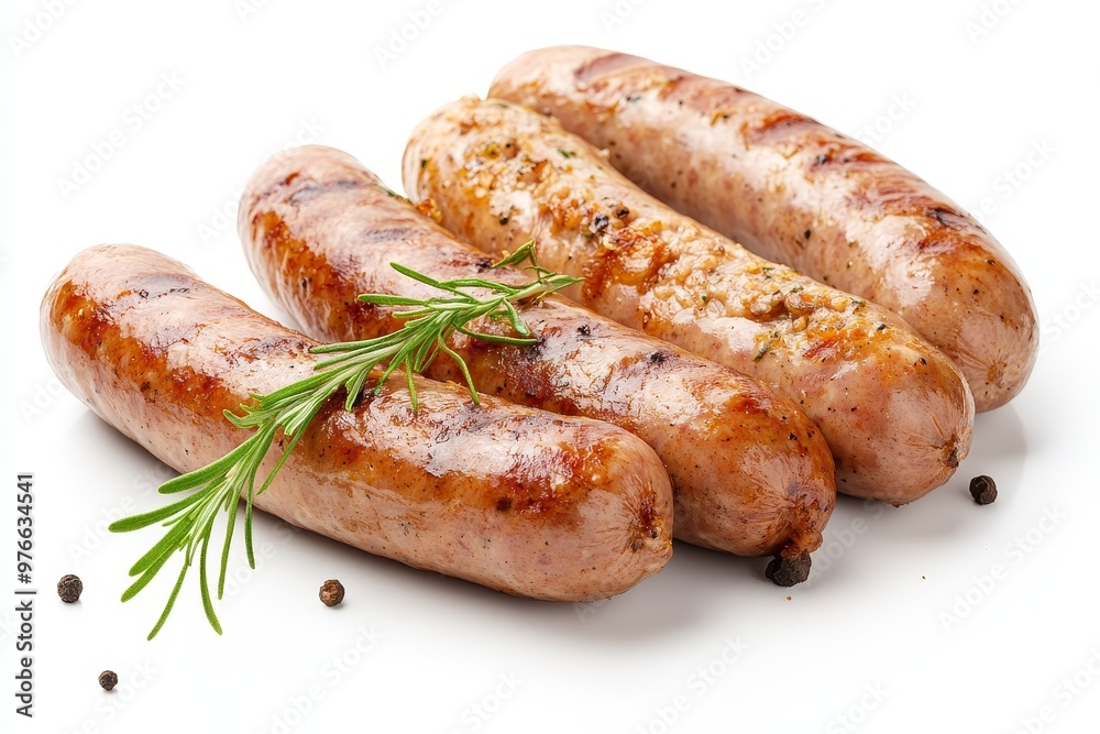 Four juicy grilled bratwurst sausages with rosemary and peppercorns, ready to be enjoyed. German food, sausage, grilling, barbeque, summer. Four juicy grilled bratwurst sausages with rosemary and peppercorns, ready to be enjoyed. German food, sausage, grilling, barbeque, summer.