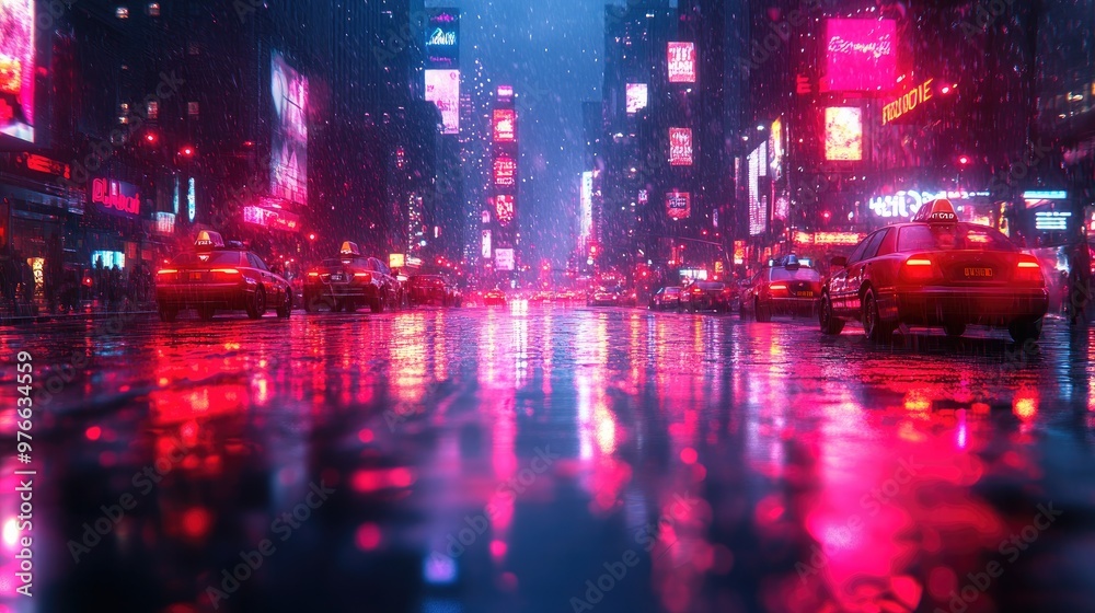 Fototapeta premium Vibrant Neon Lights Illuminating a Modern Cityscape with Ample Copy Space for Creative Projects