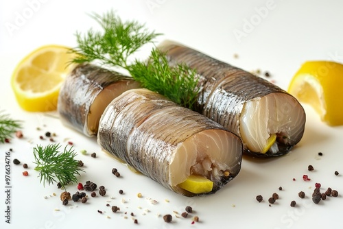 Freshly prepared Rollmops, featuring pickled herring rolled and served with dill, lemon, and black peppercorns. A classic German appetizer. photo